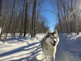 Hund während ein Winter gehen ai generativ foto