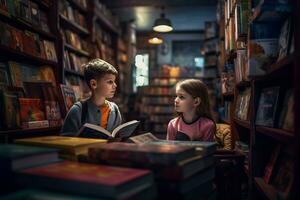 zwei Kinder Sitzung beim Abend im Buchhandlung. generieren ai foto