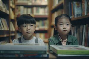 asiatisch Kinder lesen Bücher im Buchhandlung. generieren ai foto