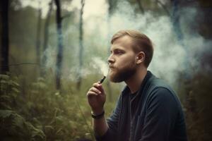 Mann elektronisch Zigarette beim Natur draussen. generieren ai foto