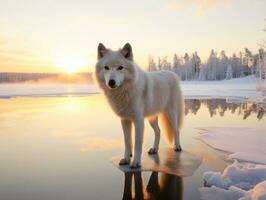 Hund während ein Winter gehen ai generativ foto