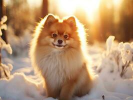 Hund während ein Winter gehen ai generativ foto