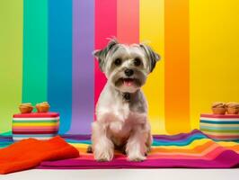 flauschige Hund Sitzung auf ein bunt Picknick Decke ai generativ foto