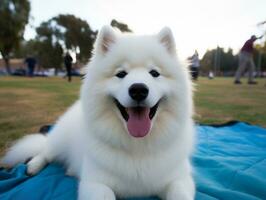 flauschige Hund Sitzung auf ein bunt Picknick Decke ai generativ foto