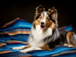 flauschige Hund Sitzung auf ein bunt Picknick Decke ai generativ foto