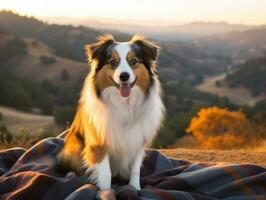 flauschige Hund Sitzung auf ein bunt Picknick Decke ai generativ foto