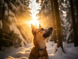 Hund während ein Winter gehen ai generativ foto