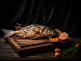 köstlich gebacken Fisch mit Gemüse auf ein hölzern Planke, fotorealistisch Illustration. ai generiert. foto