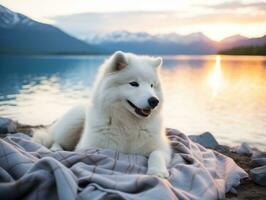 flauschige Hund Sitzung auf ein bunt Picknick Decke ai generativ foto