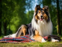 flauschige Hund Sitzung auf ein bunt Picknick Decke ai generativ foto