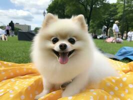 flauschige Hund Sitzung auf ein bunt Picknick Decke ai generativ foto