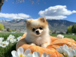 flauschige Hund Sitzung auf ein bunt Picknick Decke ai generativ foto