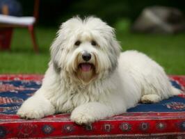 flauschige Hund Sitzung auf ein bunt Picknick Decke ai generativ foto