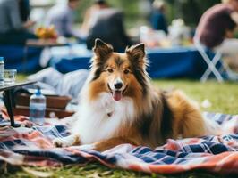 flauschige Hund Sitzung auf ein bunt Picknick Decke ai generativ foto