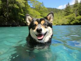 freundlich Hund im ein klar Blau See ai generativ foto