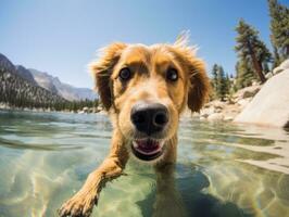 freundlich Hund im ein klar Blau See ai generativ foto
