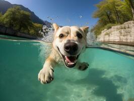 freundlich Hund im ein klar Blau See ai generativ foto