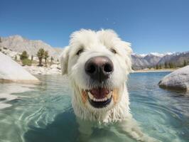 freundlich Hund im ein klar Blau See ai generativ foto