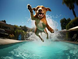 nass und froh Hund springen in ein Schwimmbad auf ein heiß Sommer- Tag ai generativ foto