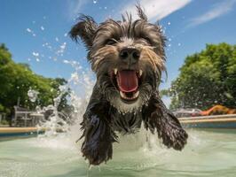 nass und froh Hund springen in ein Schwimmbad auf ein heiß Sommer- Tag ai generativ foto