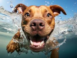 nass und froh Hund springen in ein Schwimmbad auf ein heiß Sommer- Tag ai generativ foto