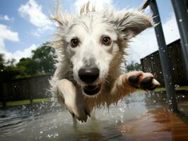 nass und froh Hund springen in ein Schwimmbad auf ein heiß Sommer- Tag ai generativ foto