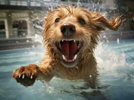 nass und froh Hund springen in ein Schwimmbad auf ein heiß Sommer- Tag ai generativ foto