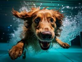 nass und froh Hund springen in ein Schwimmbad auf ein heiß Sommer- Tag ai generativ foto