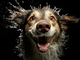 nass und froh Hund springen in ein Schwimmbad auf ein heiß Sommer- Tag ai generativ foto