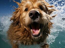 nass und froh Hund springen in ein Schwimmbad auf ein heiß Sommer- Tag ai generativ foto