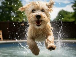 nass und froh Hund springen in ein Schwimmbad auf ein heiß Sommer- Tag ai generativ foto