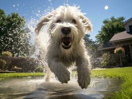 nass und froh Hund springen in ein Schwimmbad auf ein heiß Sommer- Tag ai generativ foto