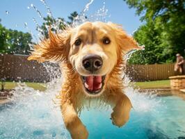 nass und froh Hund springen in ein Schwimmbad auf ein heiß Sommer- Tag ai generativ foto