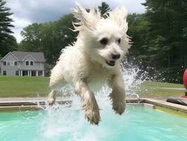 nass und froh Hund springen in ein Schwimmbad auf ein heiß Sommer- Tag ai generativ foto