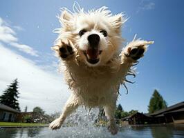 nass und froh Hund springen in ein Schwimmbad auf ein heiß Sommer- Tag ai generativ foto