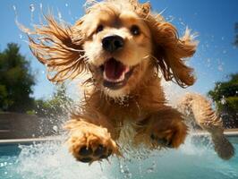 nass und froh Hund springen in ein Schwimmbad auf ein heiß Sommer- Tag ai generativ foto