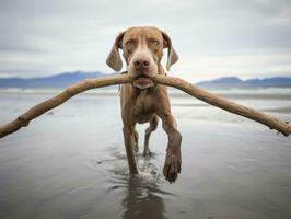 treu Hund mit ein Stock im es ist Mund bereit zum ein Spiel von holen ai generativ foto