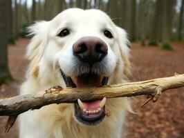 treu Hund mit ein Stock im es ist Mund bereit zum ein Spiel von holen ai generativ foto