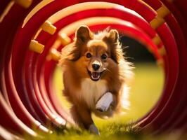 temperamentvoll Hund Rennen durch ein Beweglichkeit Kurs ai generativ foto