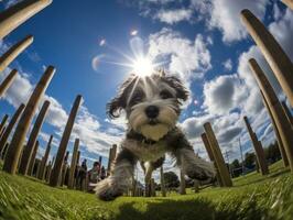 temperamentvoll Hund Rennen durch ein Beweglichkeit Kurs ai generativ foto