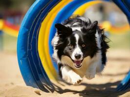 temperamentvoll Hund Rennen durch ein Beweglichkeit Kurs ai generativ foto