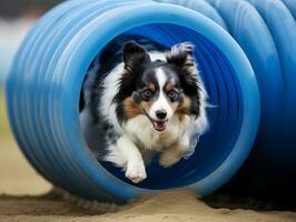 temperamentvoll Hund Rennen durch ein Beweglichkeit Kurs ai generativ foto