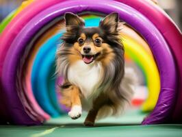 temperamentvoll Hund Rennen durch ein Beweglichkeit Kurs ai generativ foto