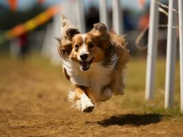 temperamentvoll Hund Rennen durch ein Beweglichkeit Kurs ai generativ foto