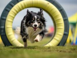 temperamentvoll Hund Rennen durch ein Beweglichkeit Kurs ai generativ foto