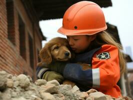 erfahren Suche und Rettung Hund Arbeiten fleißig im ein Katastrophe Bereich ai generativ foto