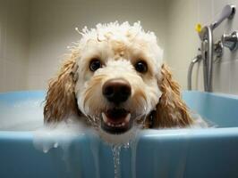 heiter Hund genießen ein Massage beim ein Haustier Spa ai generativ foto