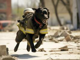 erfahren Suche und Rettung Hund Arbeiten fleißig im ein Katastrophe Bereich ai generativ foto