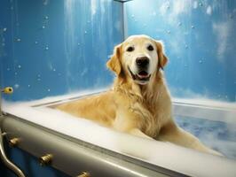 heiter Hund genießen ein Massage beim ein Haustier Spa ai generativ foto