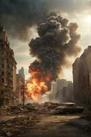 Verbrennung Gebäude im das Stadt. das Konzept von Katastrophen und natürlich Katastrophen. ai generativ foto